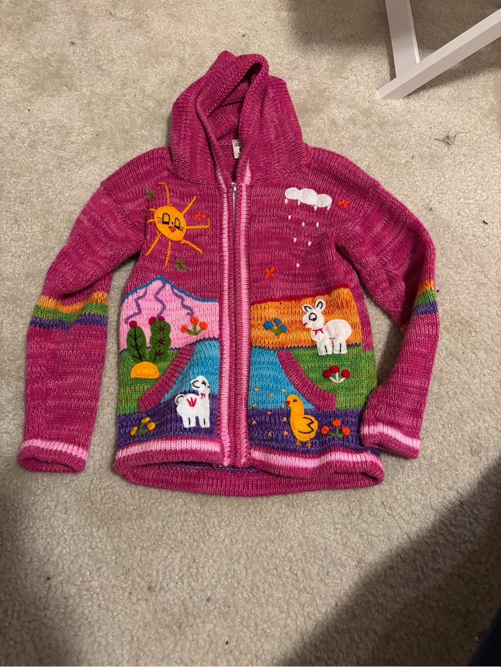 Homemade Girls' Pink Hooded Knit Zip Sweater with Farm Animal Appliqués